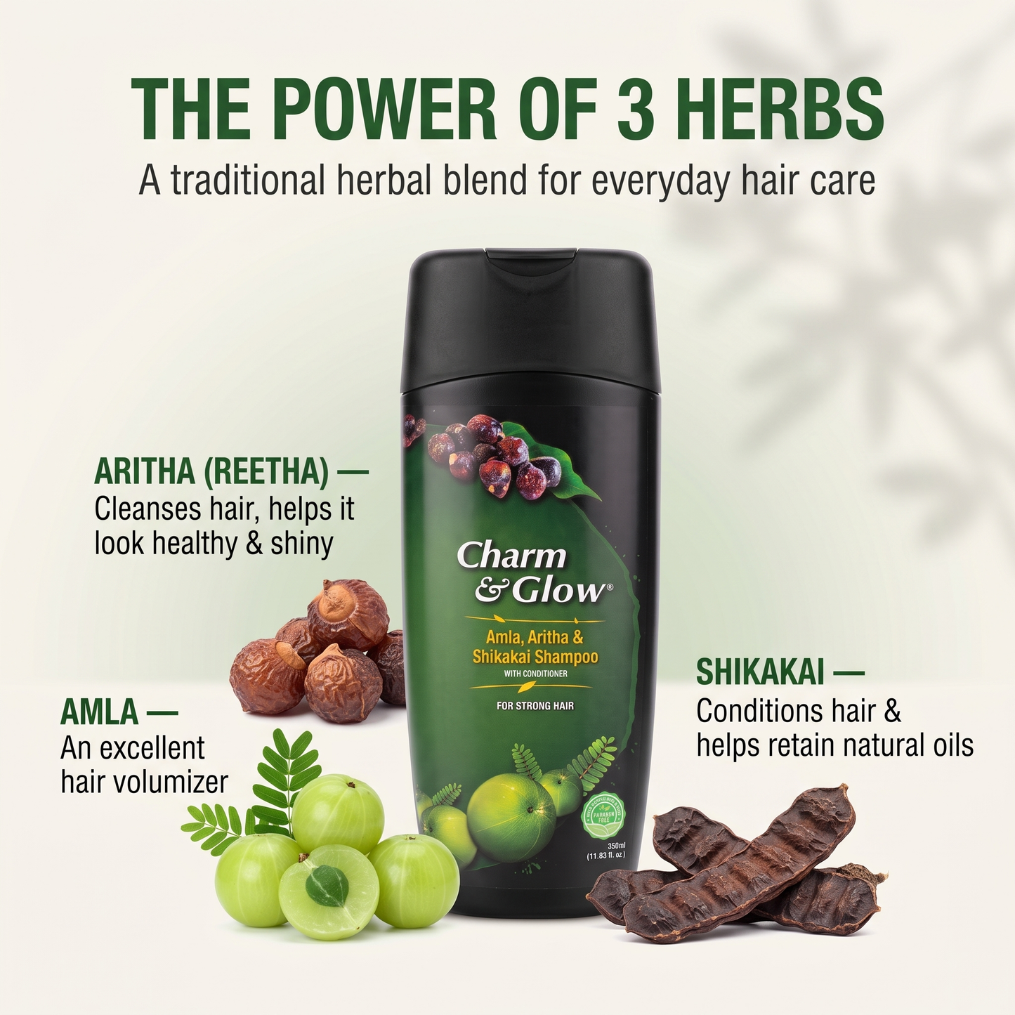 Amla, Aritha (Reetha) & Shikakai Shampoo – 350 ml | Charm & Glow