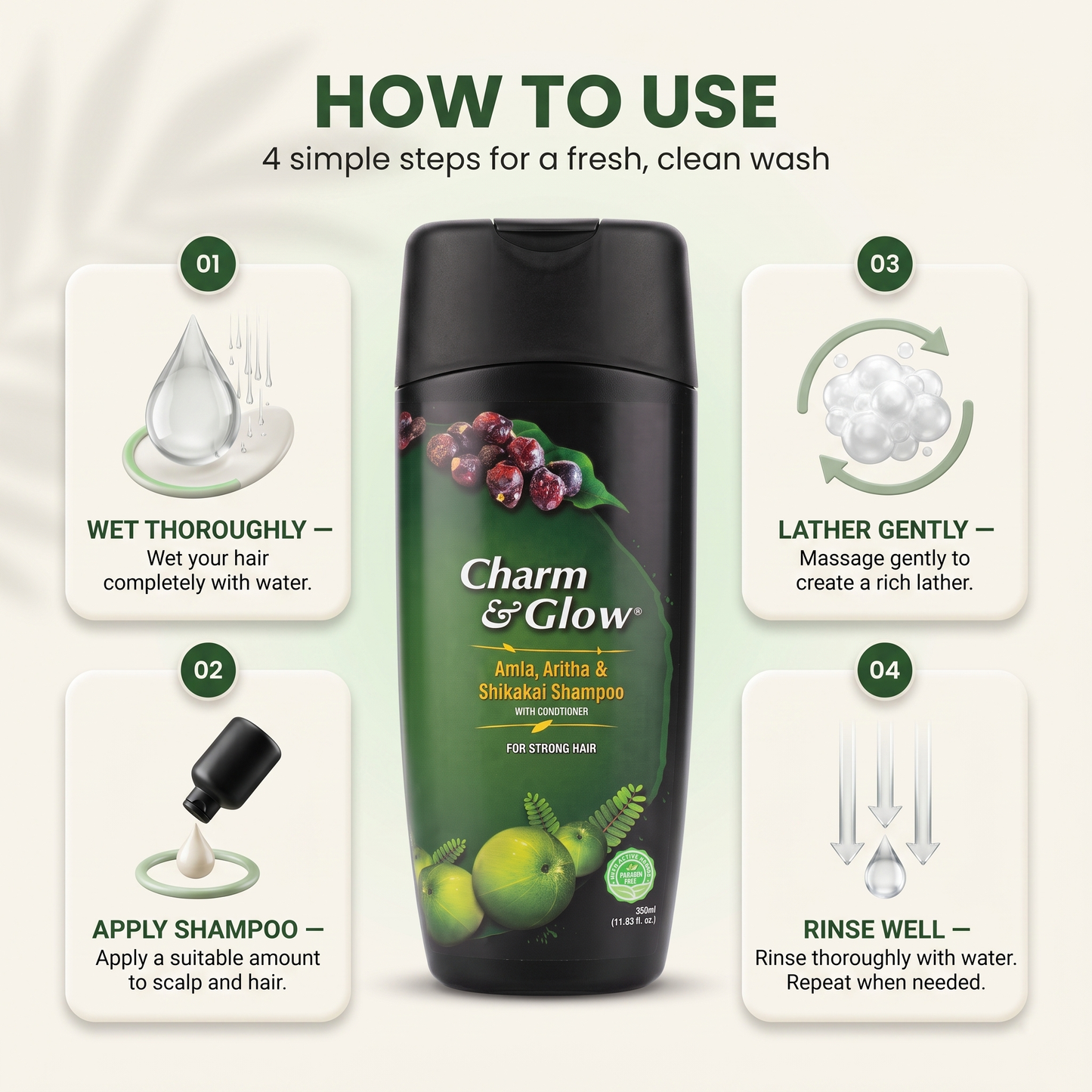 Amla, Aritha (Reetha) & Shikakai Shampoo – 350 ml | Charm & Glow