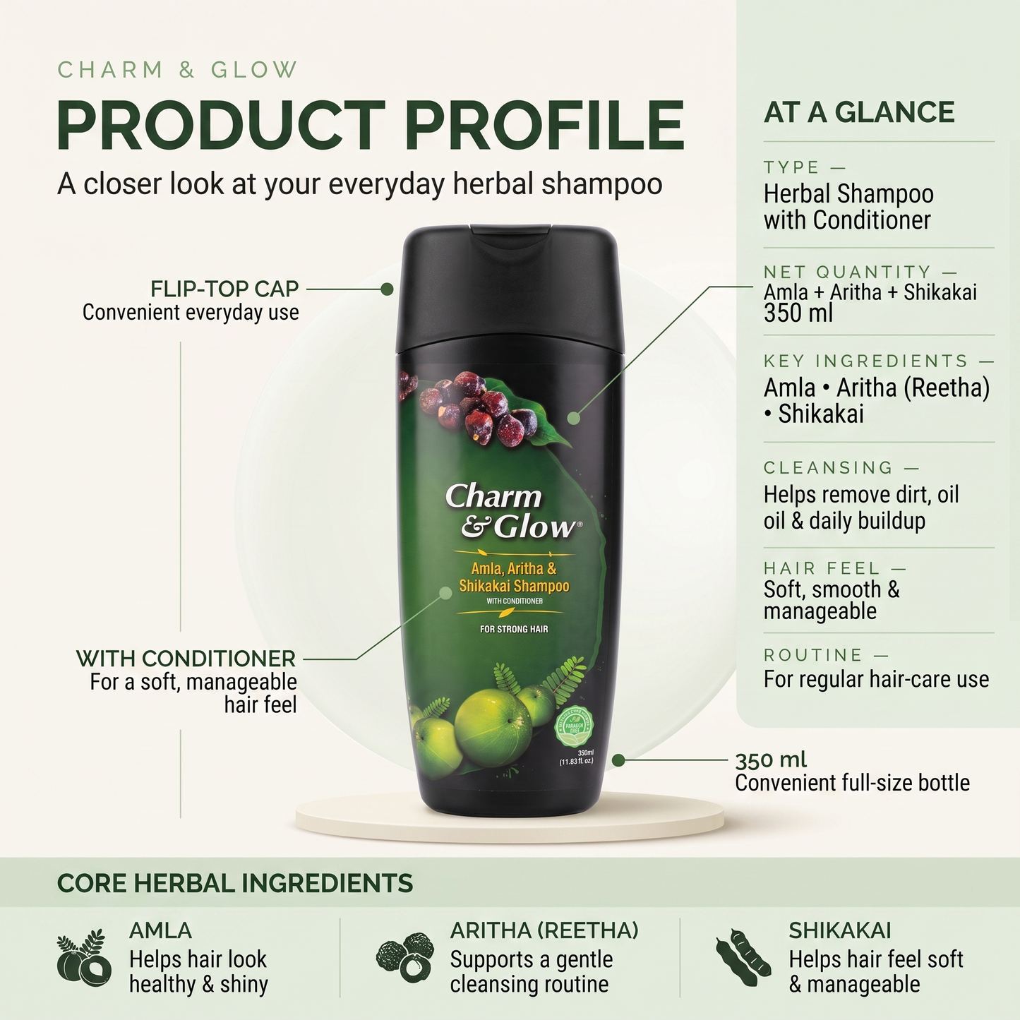 Amla, Aritha (Reetha) & Shikakai Shampoo – 350 ml | Charm & Glow