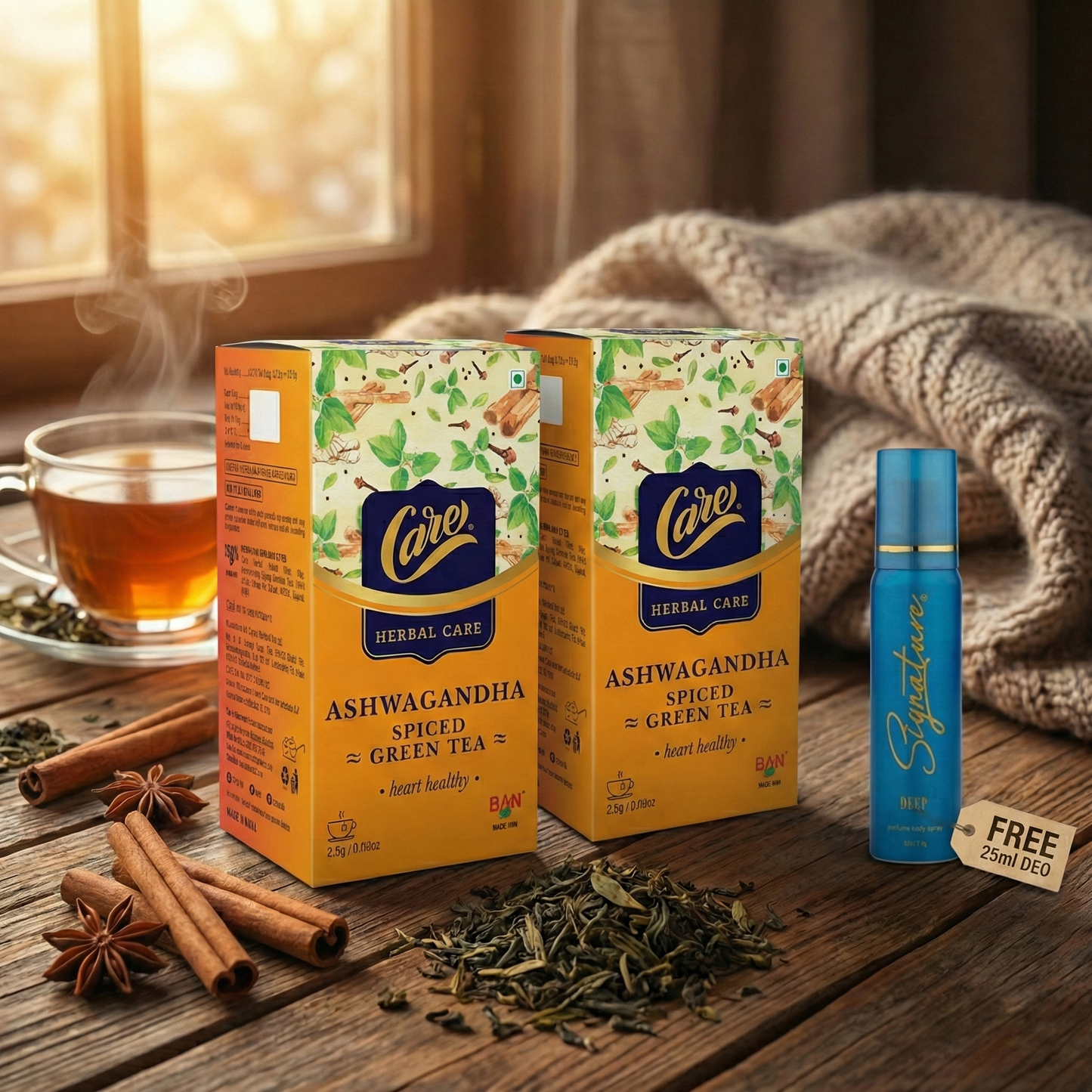 Ashwagandha Spiced Green Tea 50 Tea Bags + Free 25ml Signature Deo